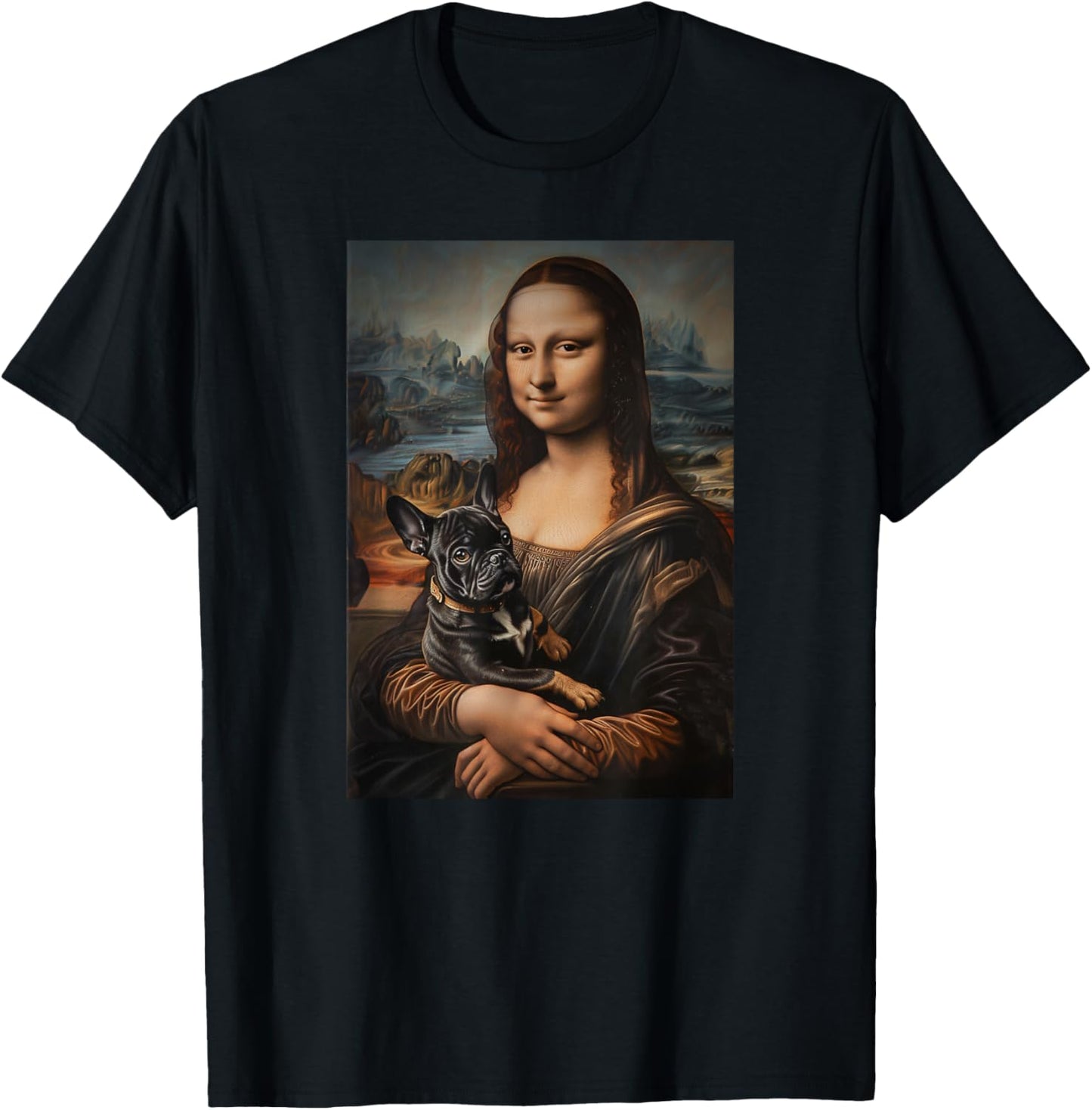 French Bulldog Mona Lisa Painting Art Dog Mom Dad Men Women Kids T-Shirt - T-Shirt | Black