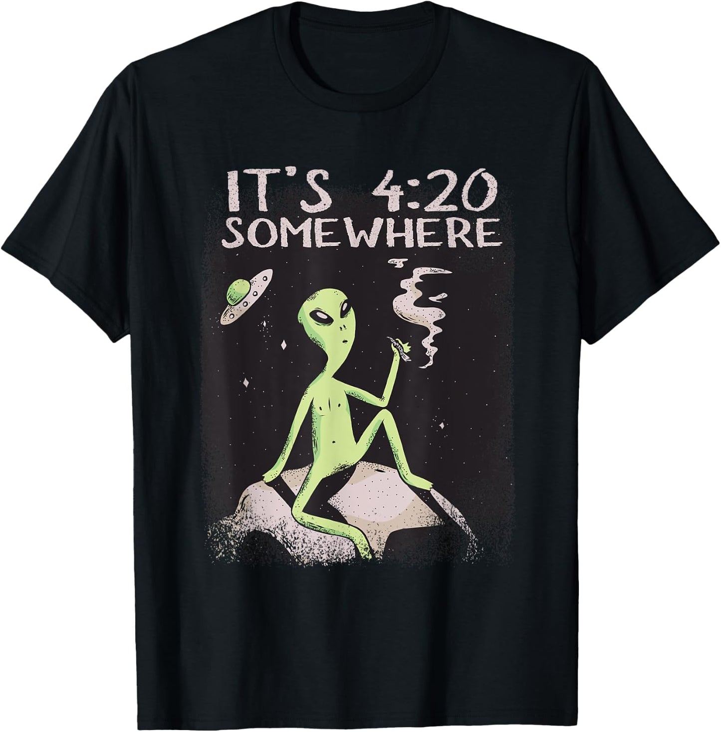 Funny Its 4:20 Somewhere Cosmic Being Smoking UFO Alien T-Shirt - T-Shirt | Black