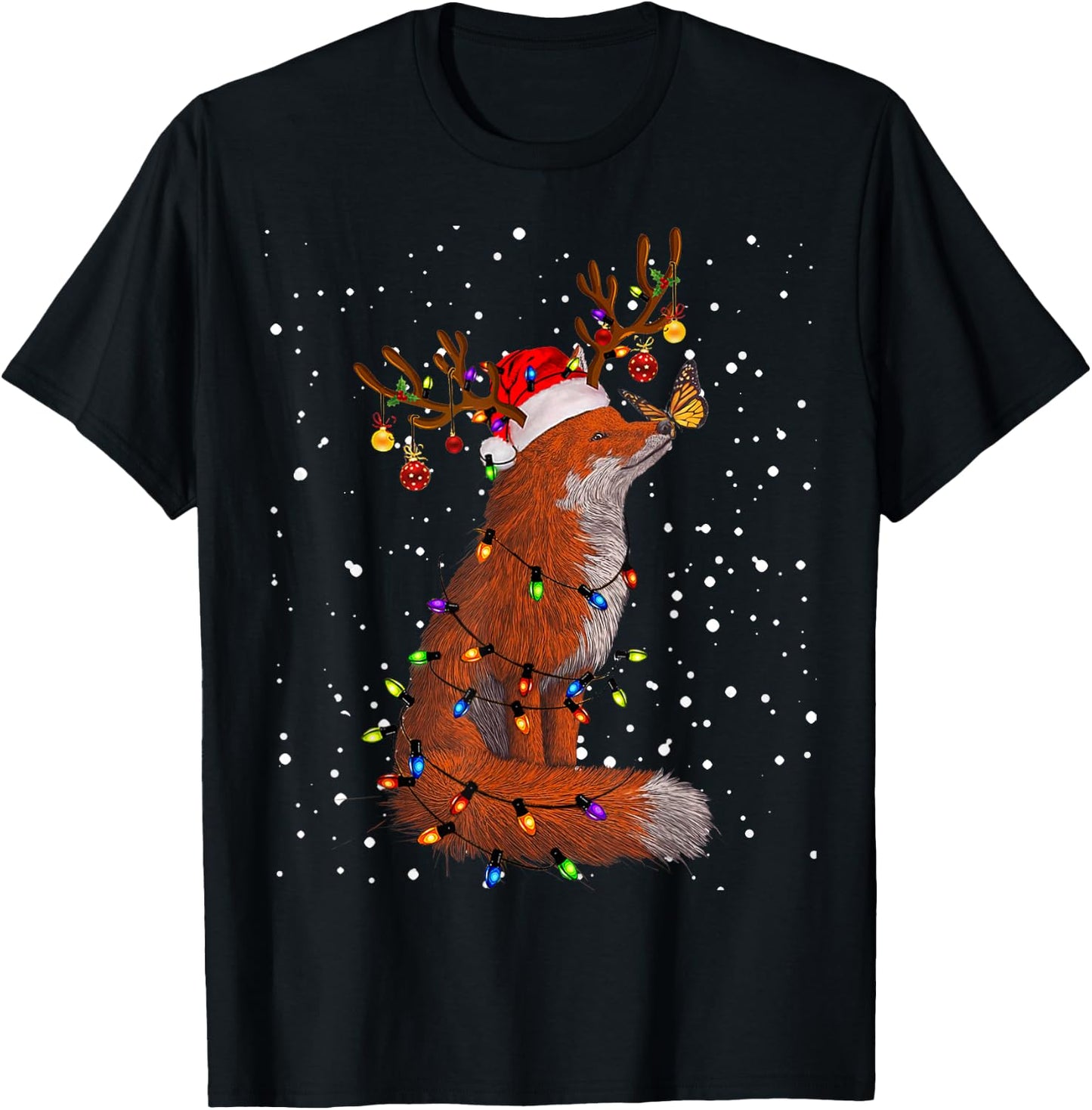 Santa Fox Tangled Up In Christmas Tree Lights Foxes Lover PJ T-Shirt - T-Shirt | Black