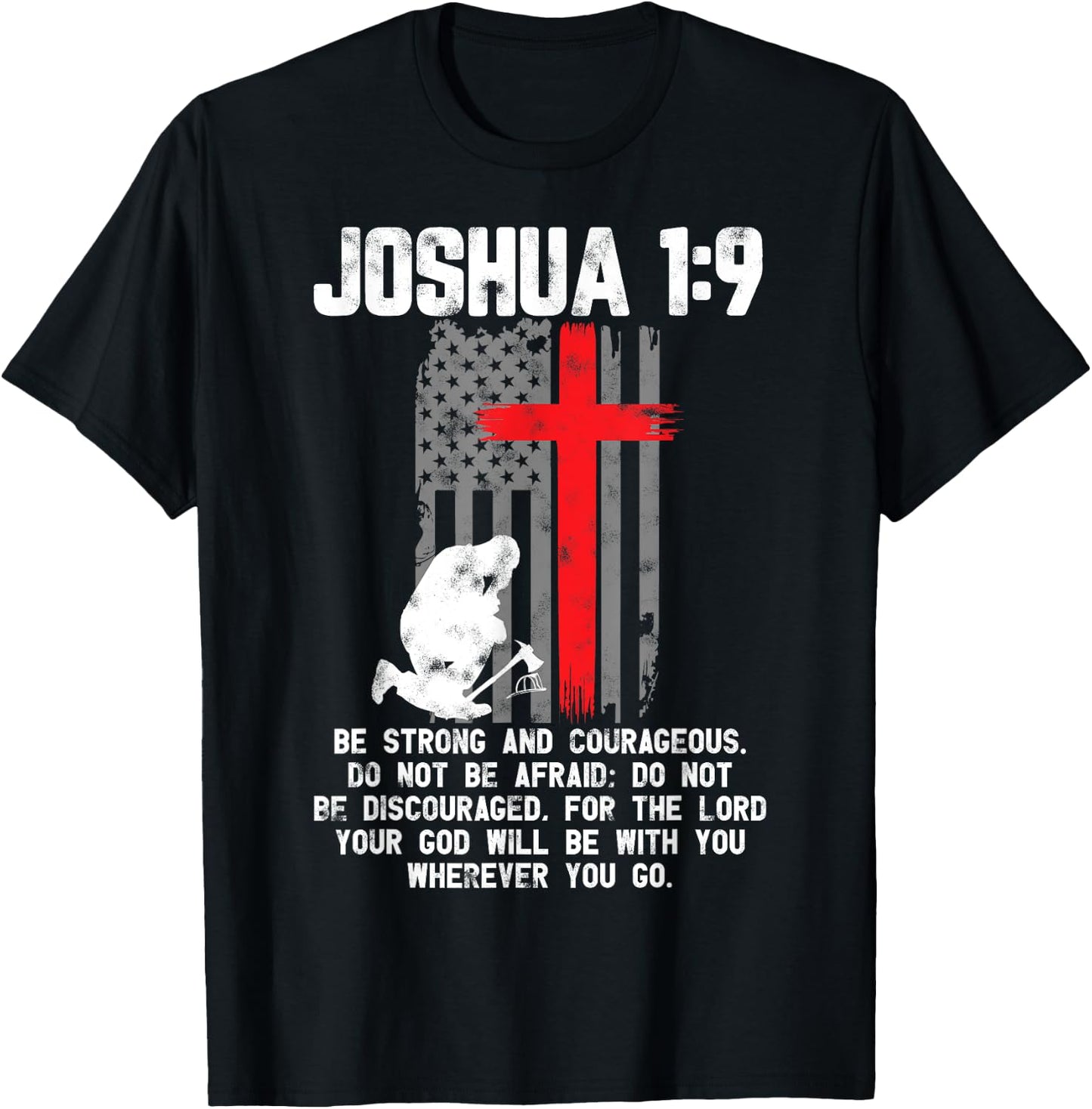 Thin Red Line Firefighter Cross Bible Verse Christian T-Shirt - T-Shirt | Black