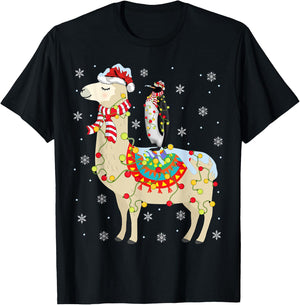 Xmas Lighting Santa Llama Riding Penguin Christmas T-Shirt - T-Shirt | Black