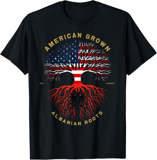 American Grown With Albanian Roots Tree USA Flag Gift T-Shirt - T-Shirt | Black