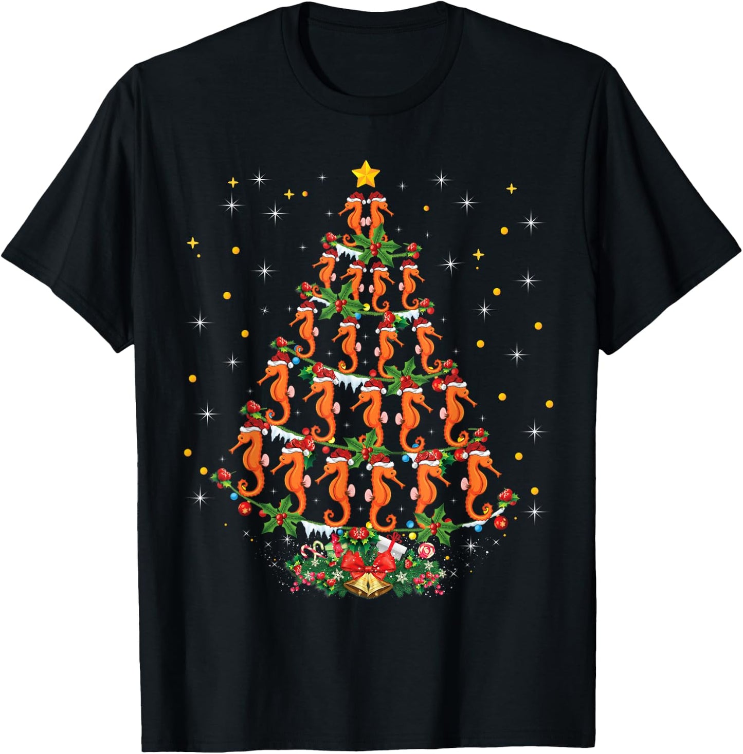 Funny Seahorses Lover Xmas Gift Seahorse Christmas Tree T-Shirt - T-Shirt | Black