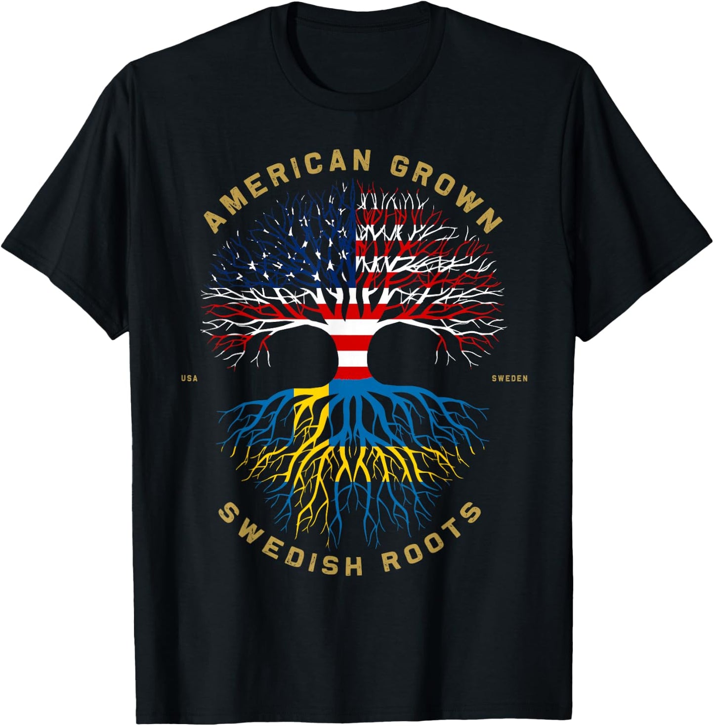 American Grown with Swedish Roots Tree USA Flag Unique Gifts T-Shirt - T-Shirt | Black