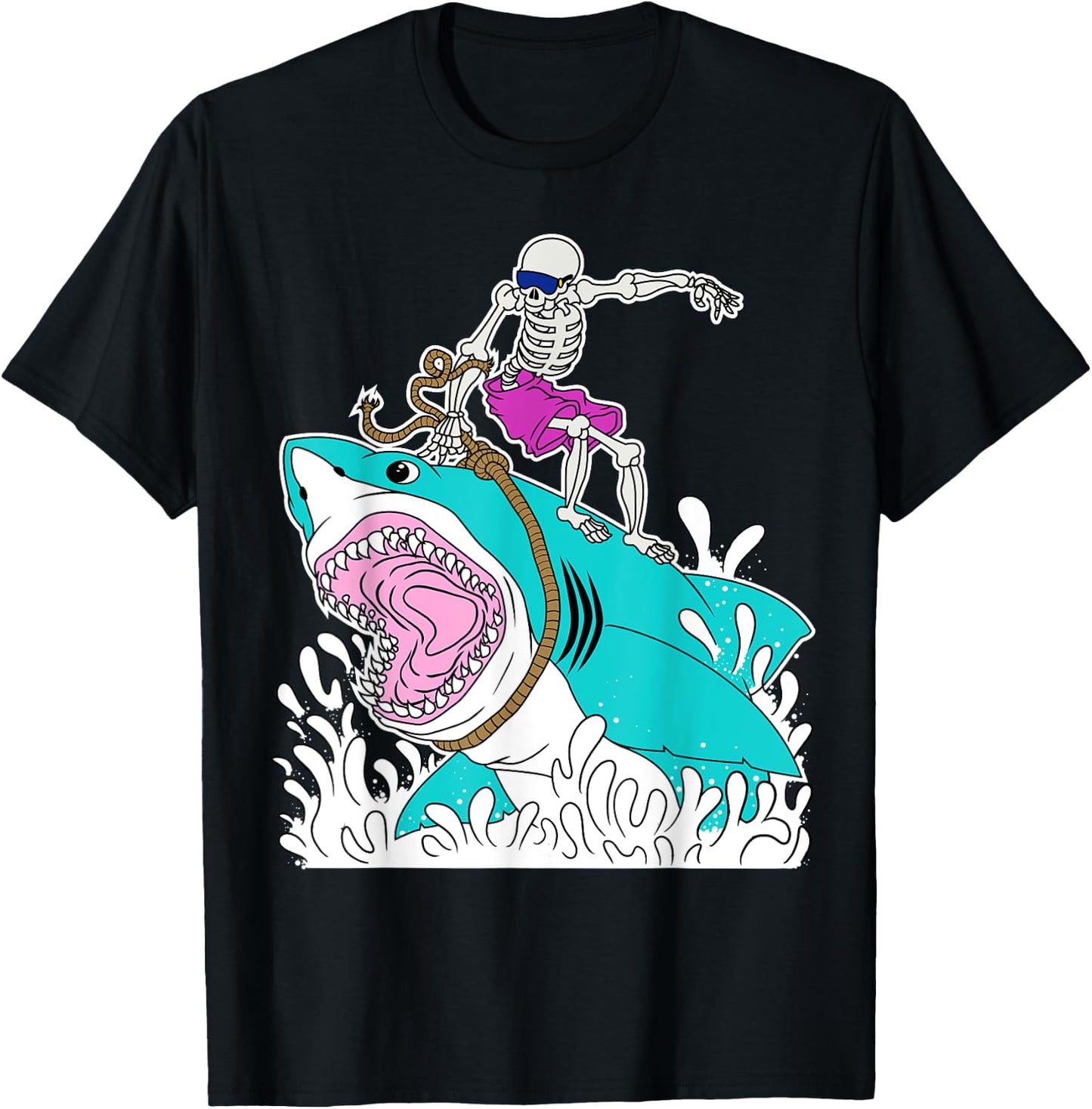 Funny Skeleton Surfing Shark Halloween T-Shirt - T-Shirt | Black