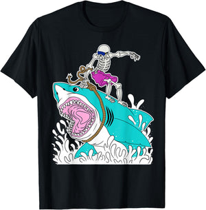 Funny Skeleton Surfing Shark Halloween T-Shirt - T-Shirt | Black