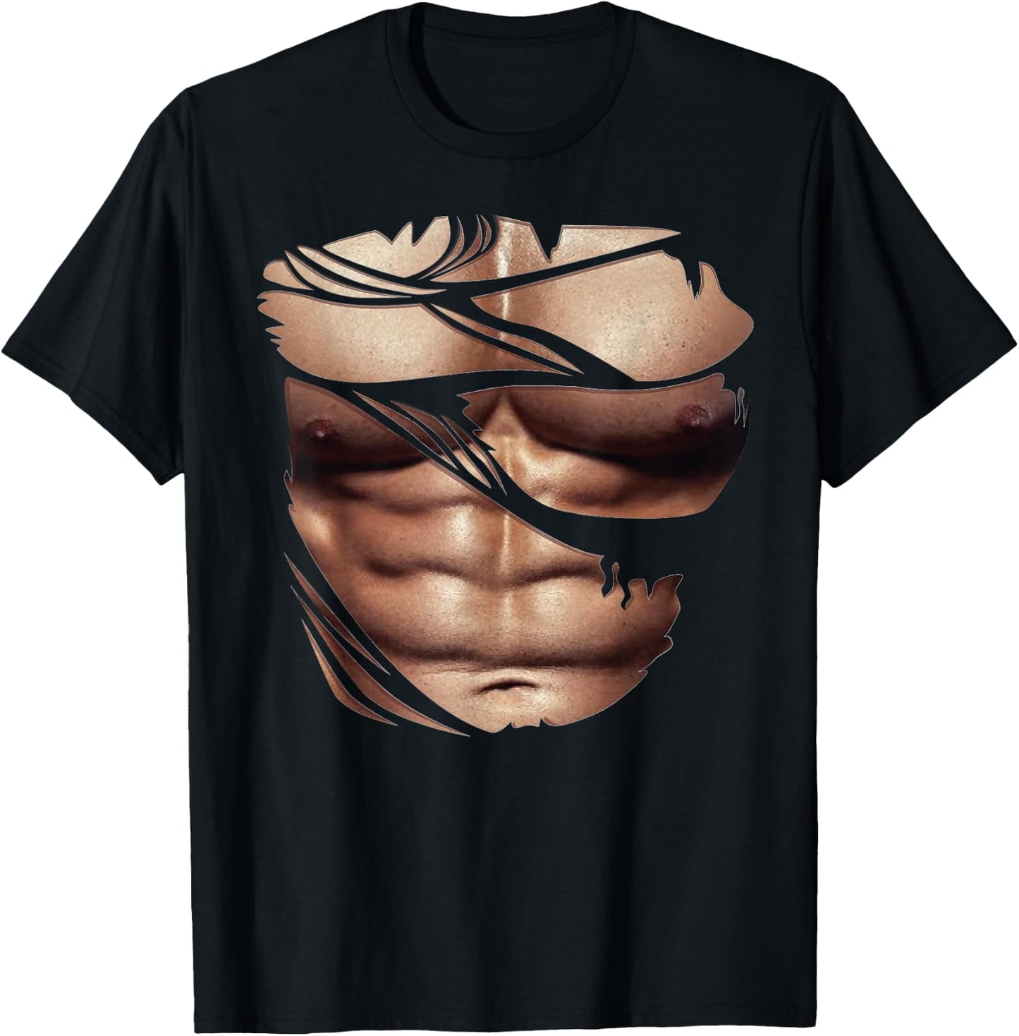 Fake Muscles Torn Breast Six Pack Abs T-Shirt - T-Shirt | Black