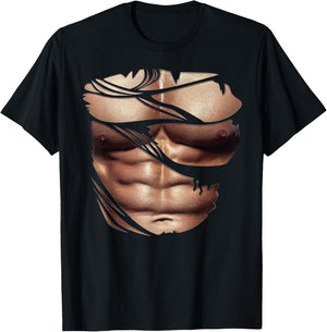 Fake Muscles Torn Breast Six Pack Abs T-Shirt - T-Shirt | Black