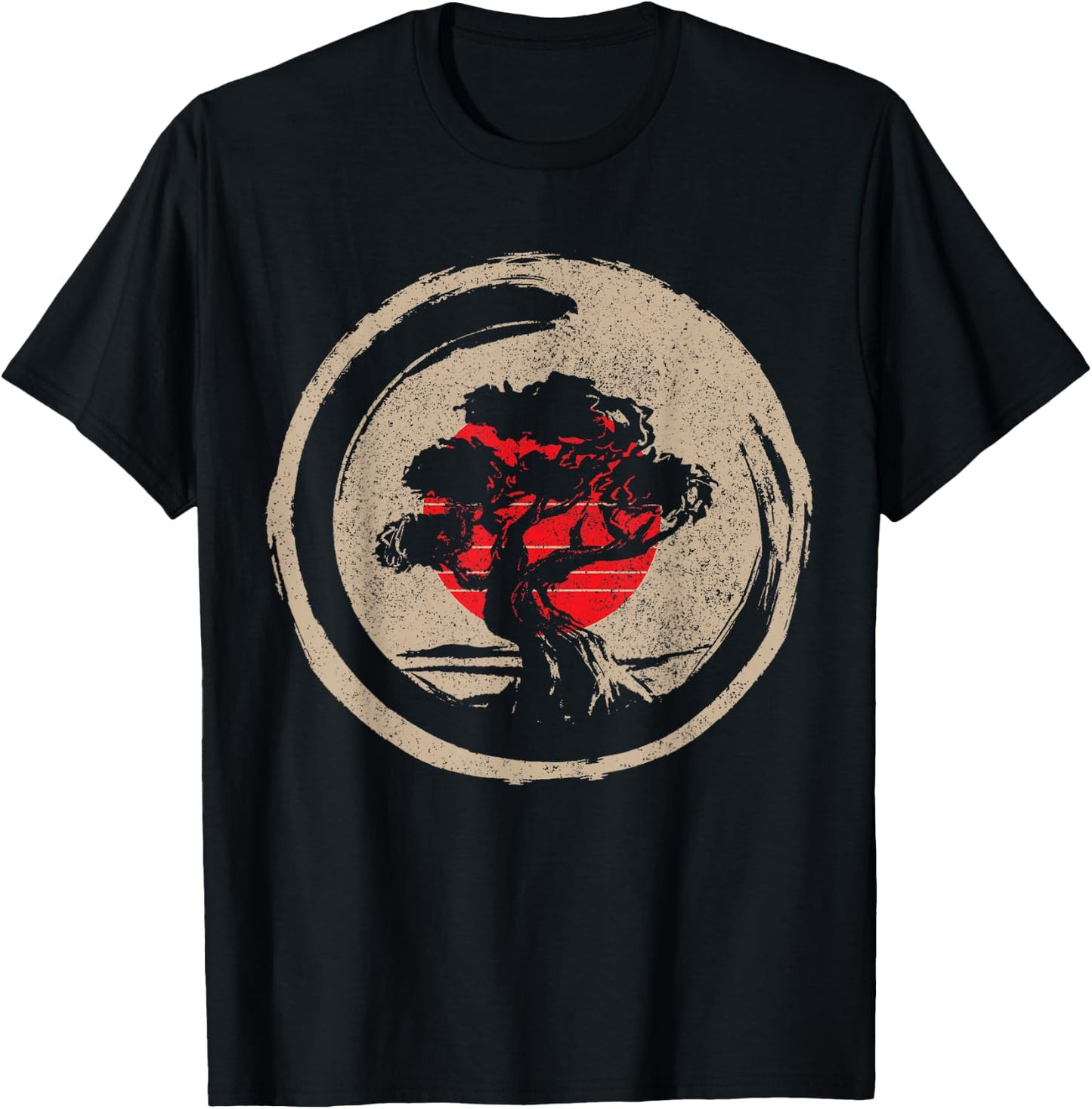Bonsai Tree Japanese Flag Zen Vintage Gift T-Shirt - T-Shirt | Black