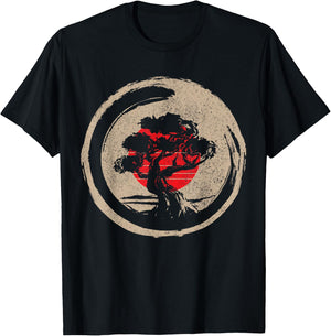 Bonsai Tree Japanese Flag Zen Vintage Gift T-Shirt - T-Shirt | Black