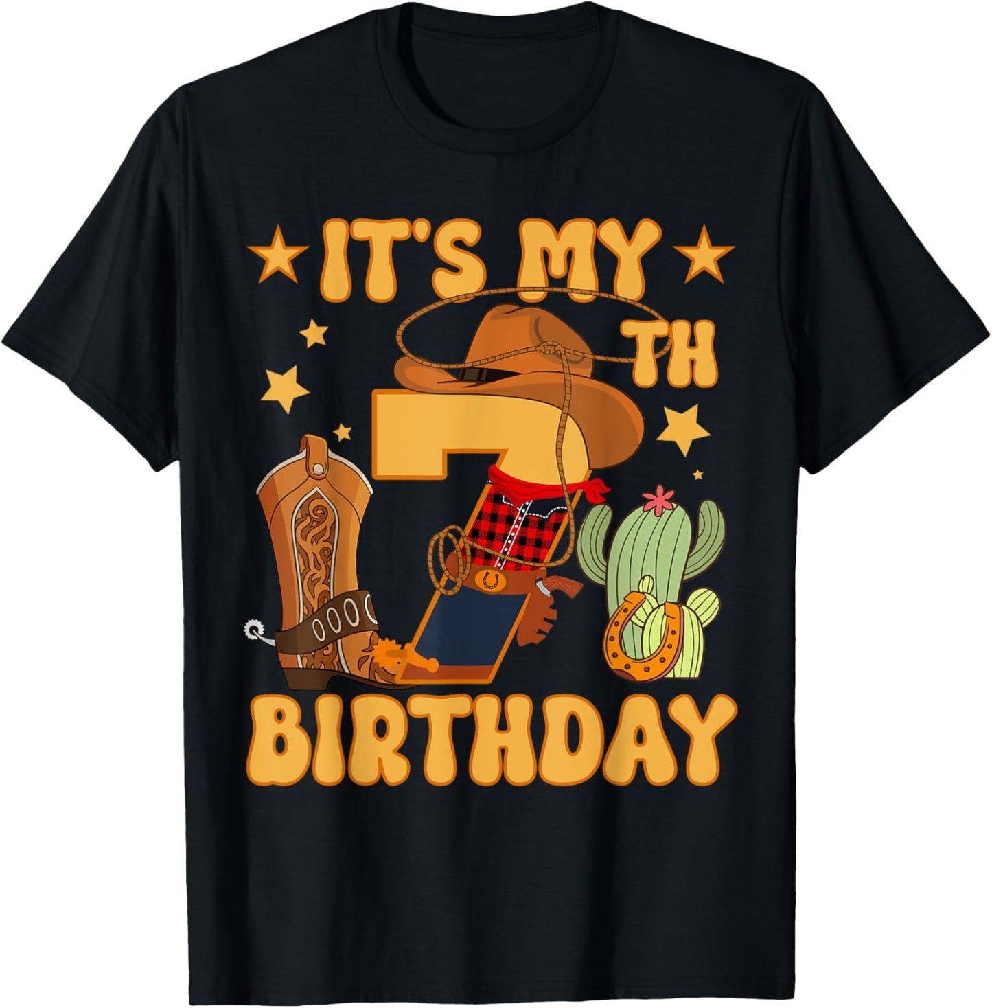 It's My 7th Birthday Cowboy Rodeo Horse 7 Year Old Bday Boy T-Shirt - T-Shirt | Black