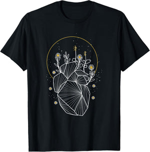 Moon Line Geometric Anatomical Heart Flowers Space Art Gift T-Shirt - T-Shirt | Black