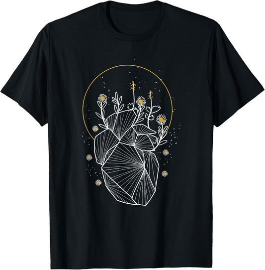 Moon Line Geometric Anatomical Heart Flowers Space Art Gift T-Shirt - T-Shirt | Black