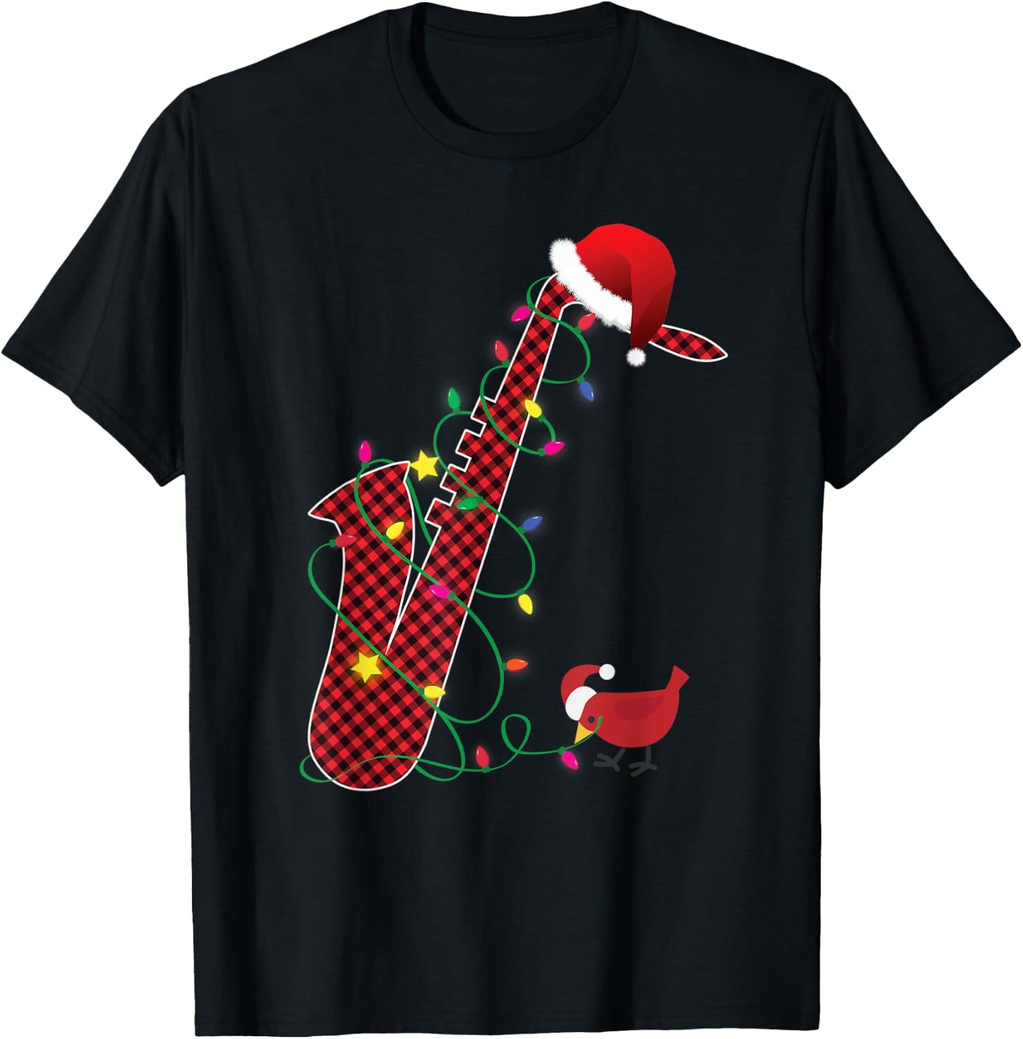 Red Buffalo Plaid Pajama Saxophone Lovers Christmas Lights T-Shirt - T-Shirt | Black