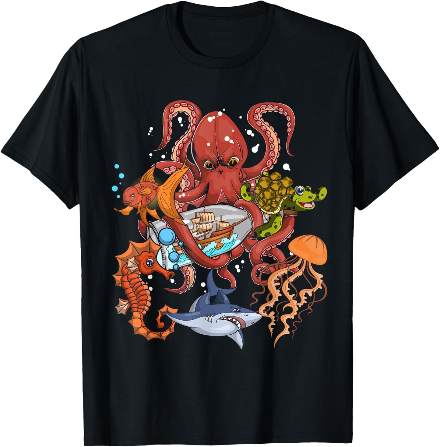 Jellyfish Turtle Seahorse Shark Octopus Kids Ocean Animal T-Shirt - T-Shirt | Black
