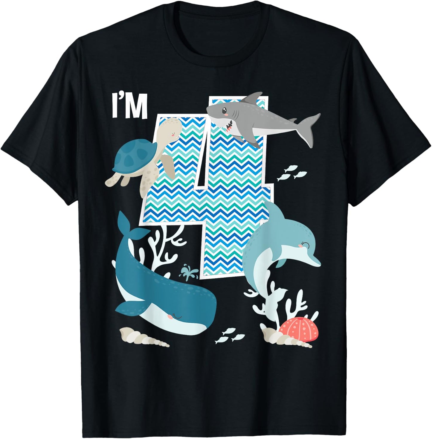 Kids 4 Year Old Ocean Life Whale Dolphin Shark 4th Birthday T-Shirt - T-Shirt | Black