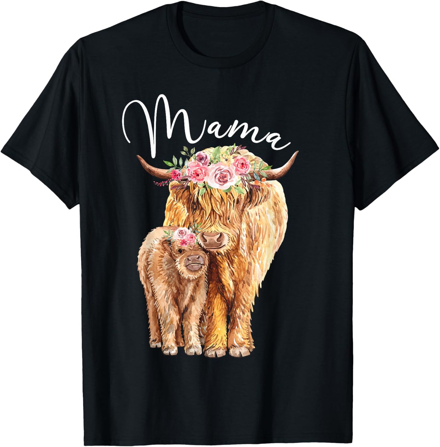 Mama Highland Cow With Baby Calf Floral Mothers Day Mom Gift T-Shirt - T-Shirt | Black