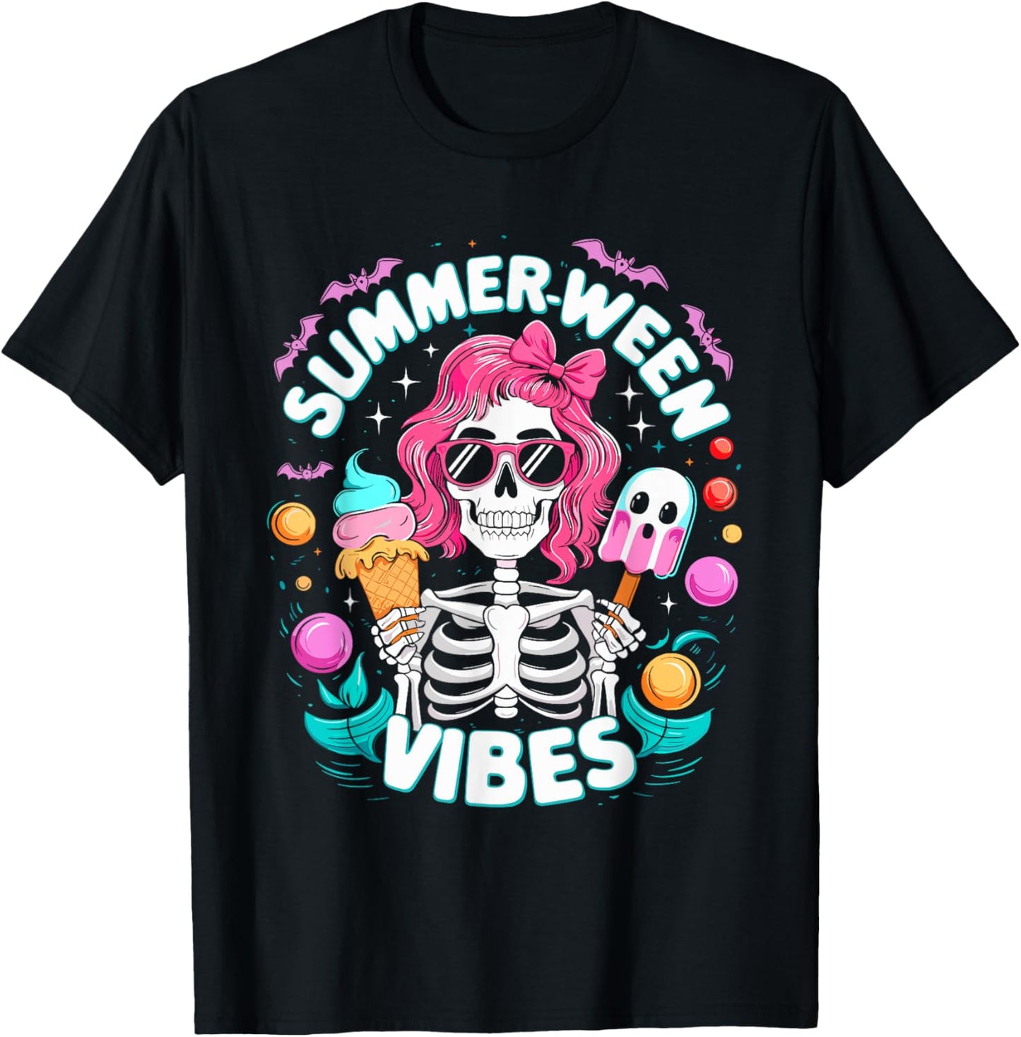 Summerween Vibes Skeleton Spooky Vacation Halloween Summer T-Shirt - T-Shirt | Black