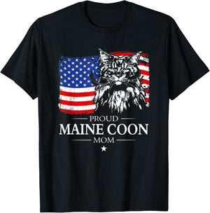 Proud Maine Coon Mom American Flag patriotic cat gift T-Shirt - T-Shirt | Black