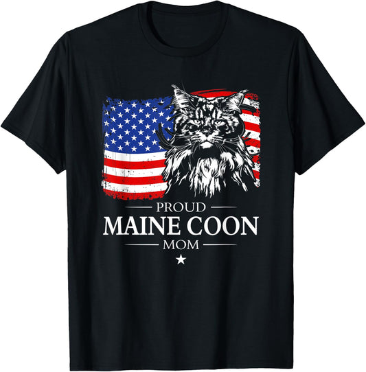 Proud Maine Coon Mom American Flag patriotic cat gift T-Shirt - T-Shirt | Black