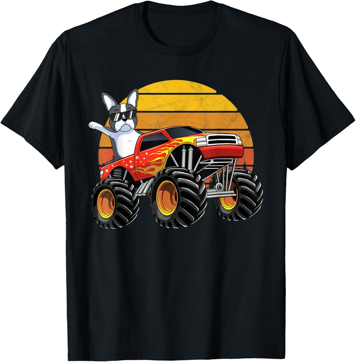 Monster Truck Boston Terrier Dog Retro Sunset Boys Kids Gift T-Shirt - T-Shirt | Black