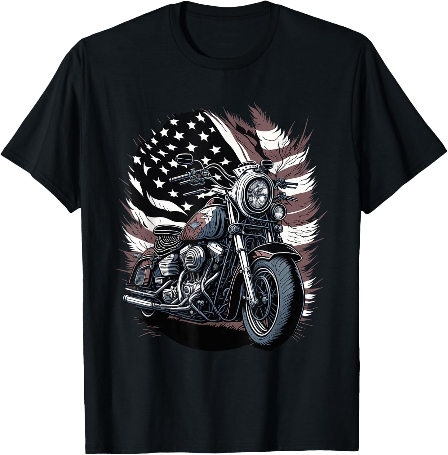 Motorcycle Vintage American Flag 4th of July Retro Biker T-Shirt - T-Shirt | Black