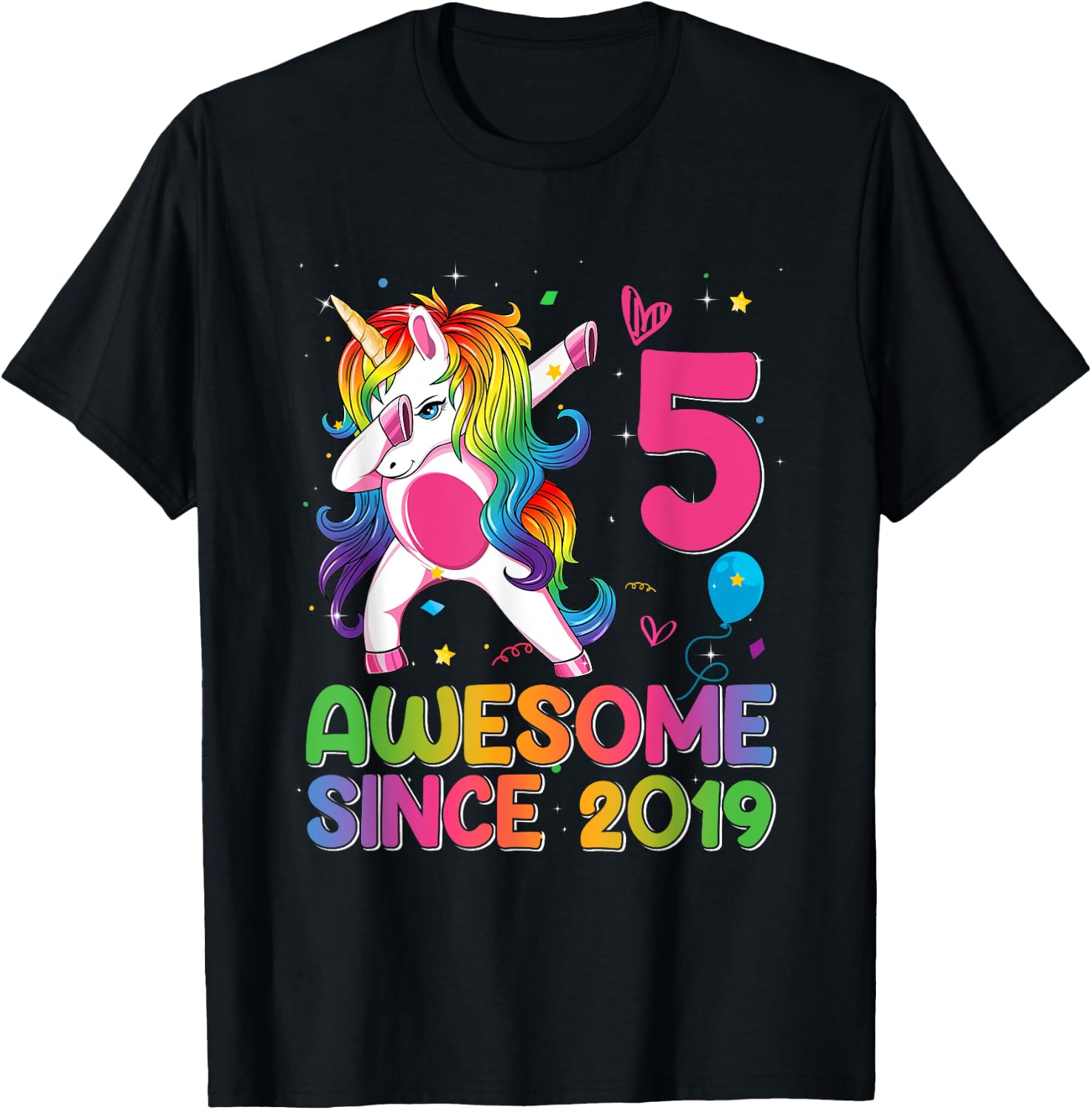 5 Years Old Awesome Since 2019 5th Birthday Unicorn Girls T-Shirt - T-Shirt | Black