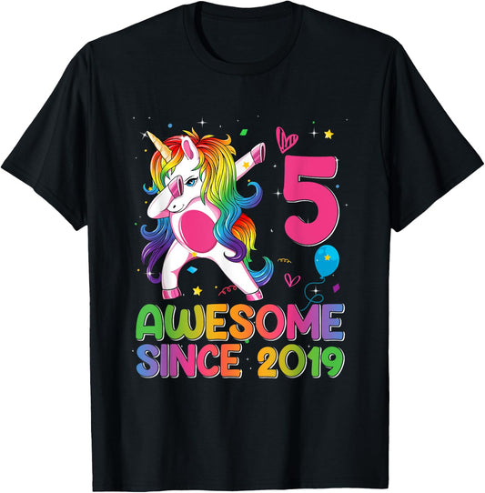 5 Years Old Awesome Since 2019 5th Birthday Unicorn Girls T-Shirt - T-Shirt | Black