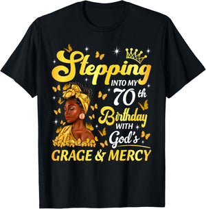 Stepping Into My 70th Birthday Afro Woman Religious Birthday T-Shirt - T-Shirt | Black
