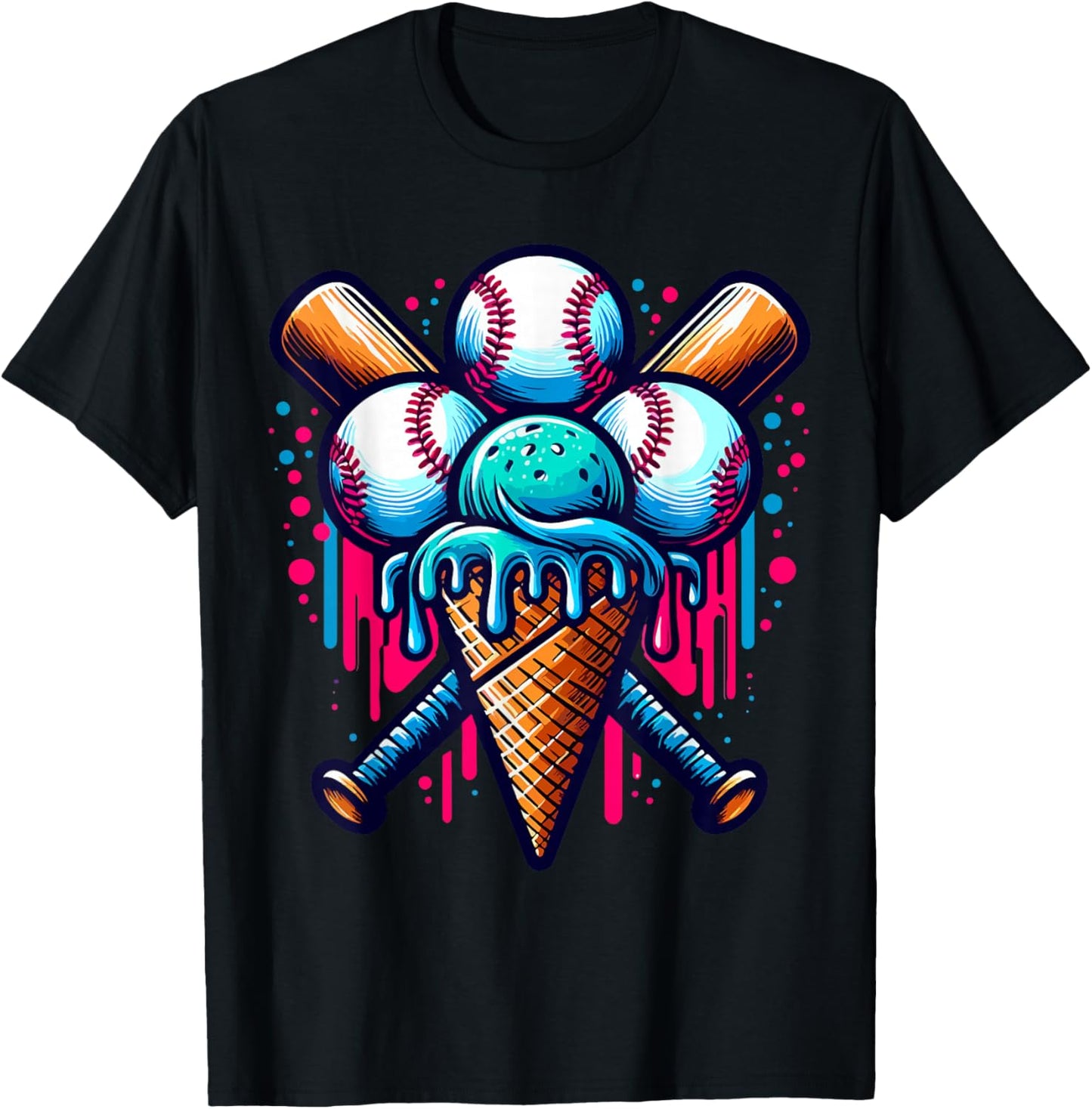 Baseball Ice Cream Watercolor Sports Lover Ice Cream Cone T-Shirt - T-Shirt | Black