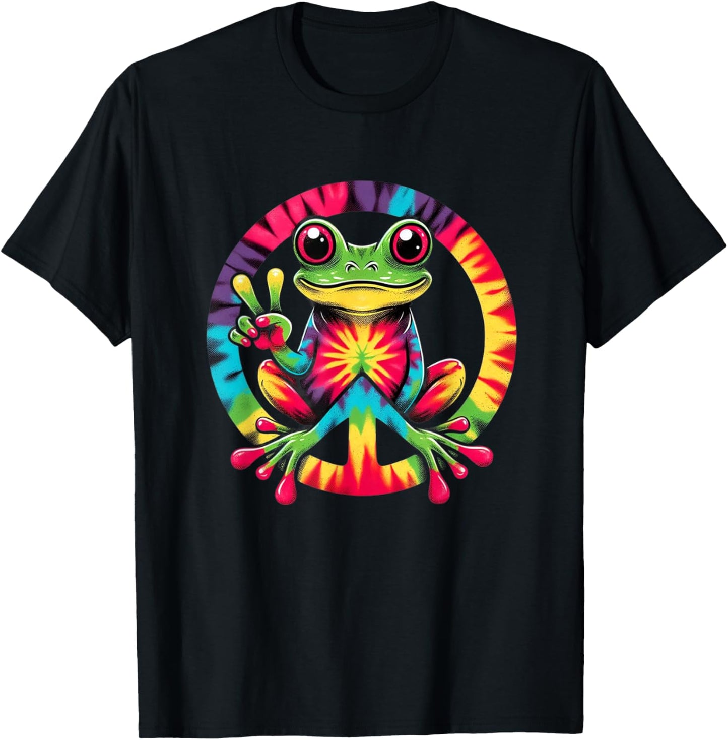 Colorful Tie Dye Collection Tie-Dye Frog Holding Peace Sign Funny Hippie T-Shirt - T-Shirt | Black