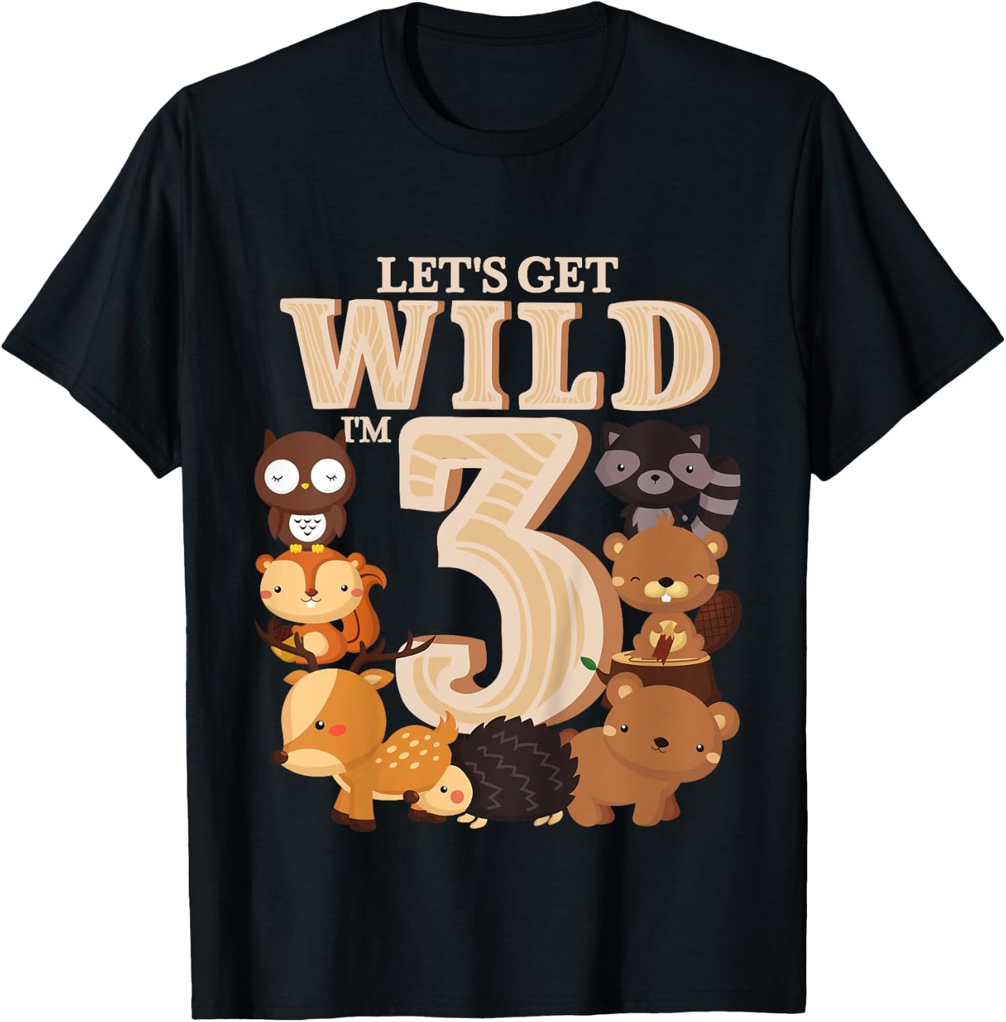 3 Year Old Woodland Animals Birthday Wild Forest 3rd Gift T-Shirt - T-Shirt | Black