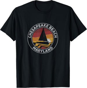 Chesapeake Beach Maryland Vintage Sailboat 70s Retro Sunset T-Shirt - T-Shirt | Black