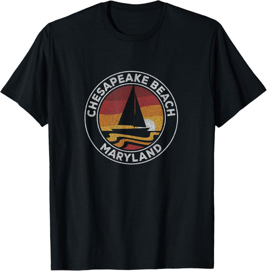 Chesapeake Beach Maryland Vintage Sailboat 70s Retro Sunset T-Shirt - T-Shirt | Black