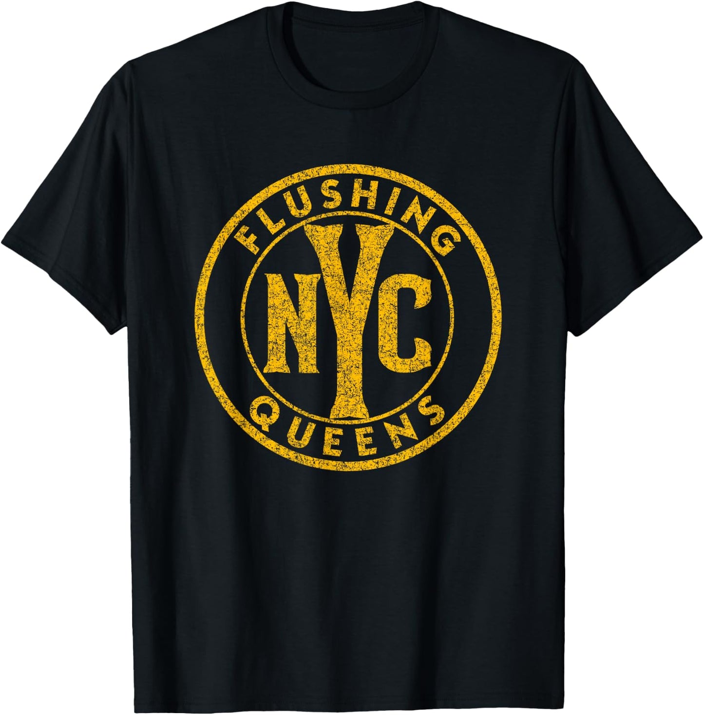 Flushing Queens NYC Circle Sign Distressed Amber Print T-Shirt - T-Shirt | Black