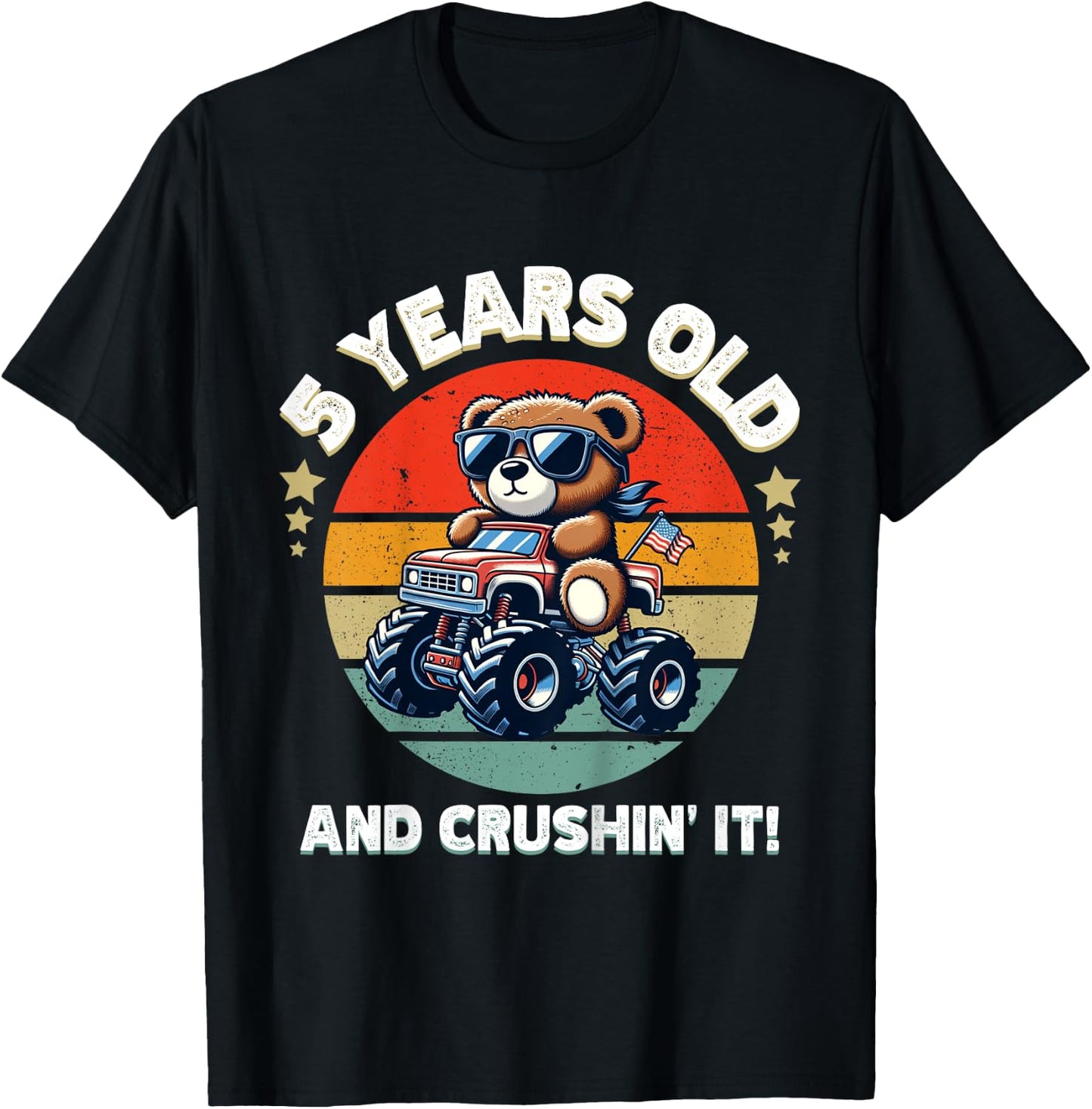Kids Retro 5th Birthday Monster Truck Teddy Bear Crushin' It Boys T-Shirt - T-Shirt | Black