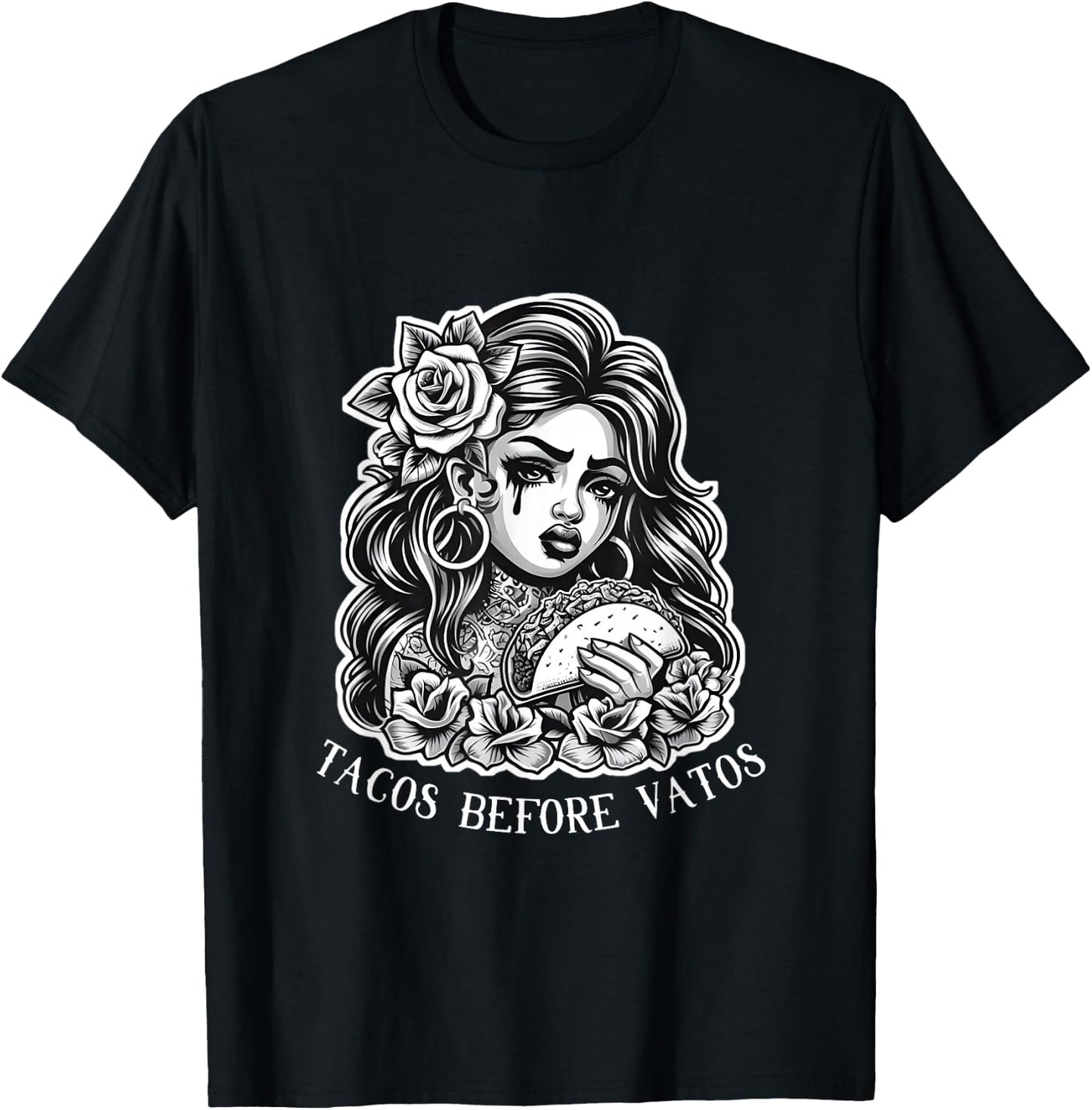 Tacos Before Vatos Sad Chola Latina Chicana Floral T-Shirt - T-Shirt | Black