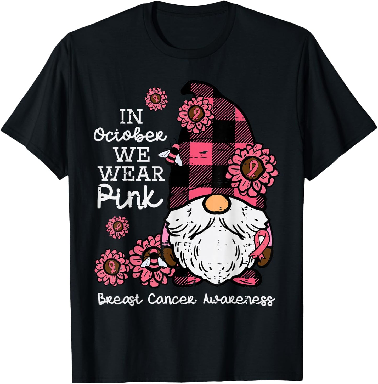 Breast Cancer Awareness Gnome October Wear Pink Women Men T-Shirt - T-Shirt | Black