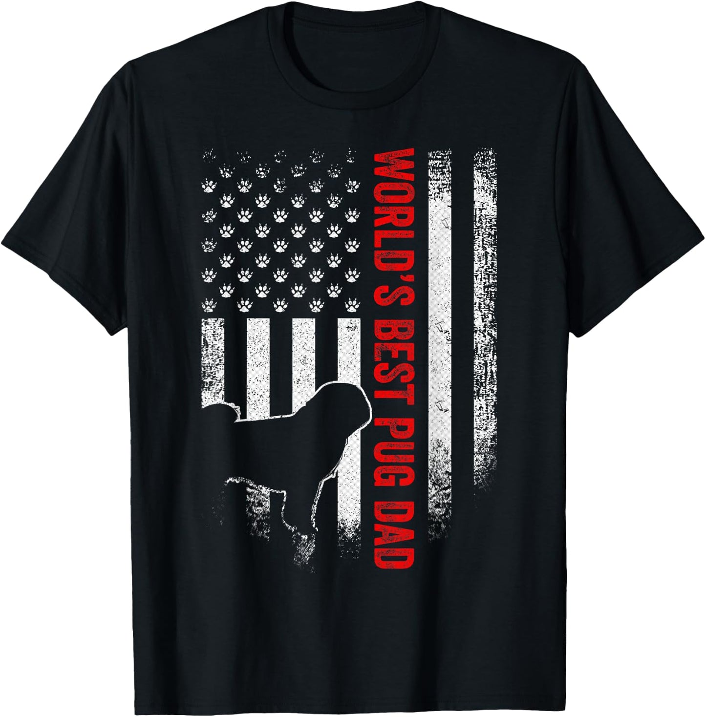 Vintage American Flag World's Best Pug Pugdog Dad Silhouette Women Men T-Shirt - T-Shirt | Black