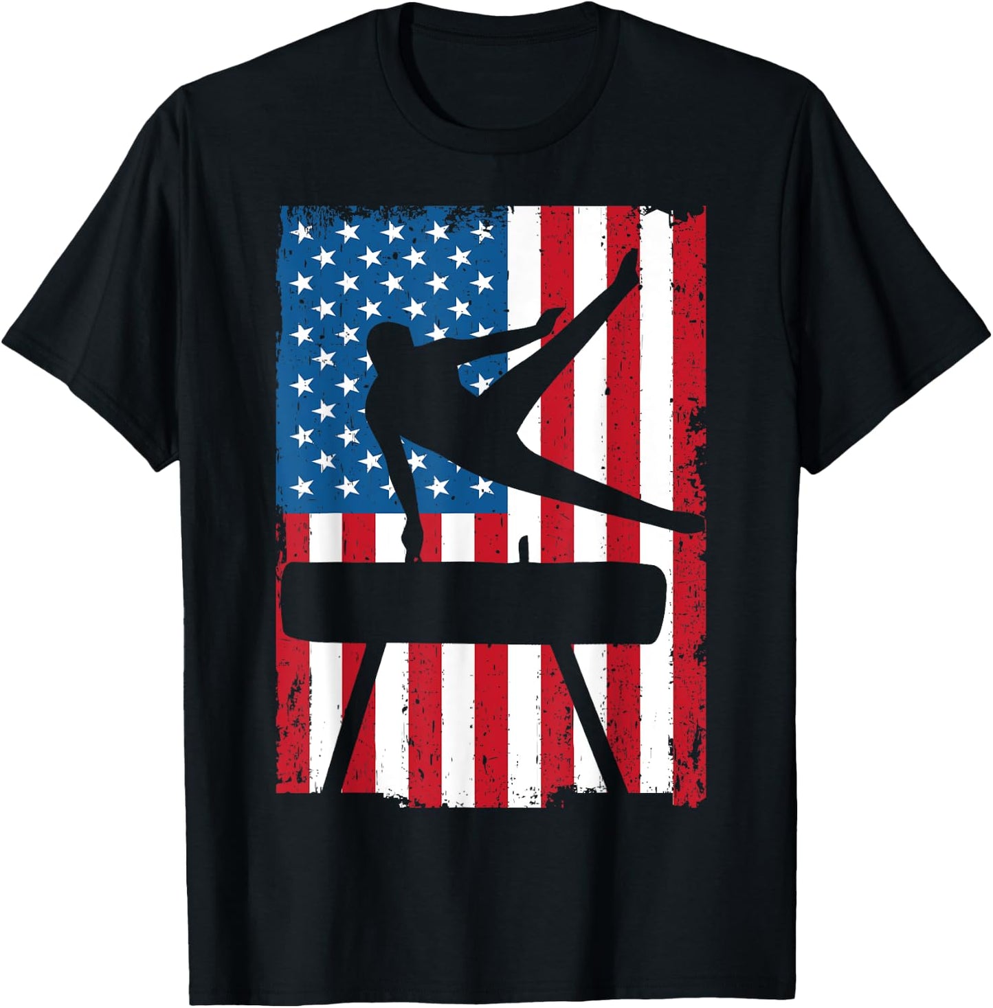 Gymnastics Pommel Horse American Flag Vintage Sports USA T-Shirt - T-Shirt | Black