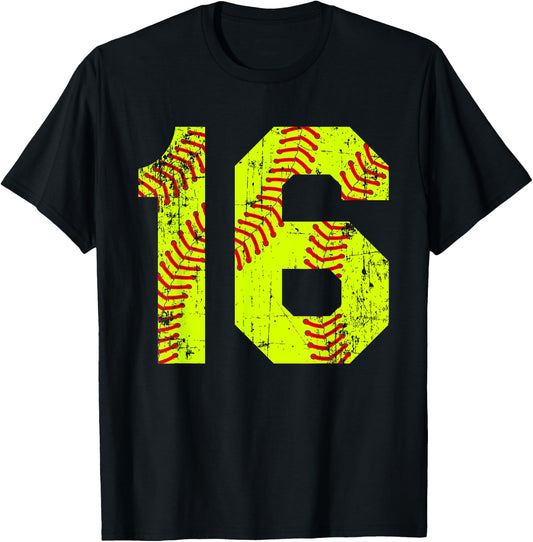 Vintage Softball 16 Jersey Number T-Shirt - T-Shirt | Black