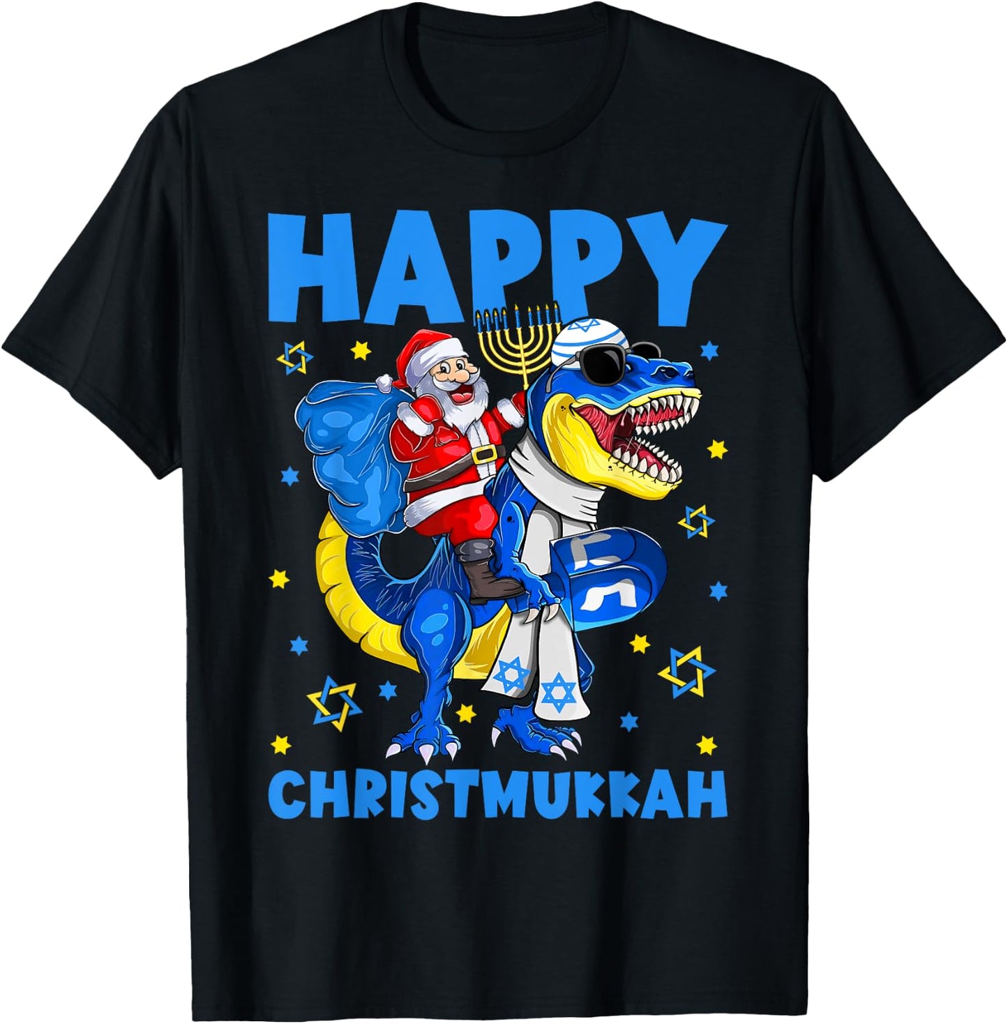 Happy Christmukkah Santa Rides Jewish T Rex Menorah Chanukah T-Shirt - T-Shirt | Black