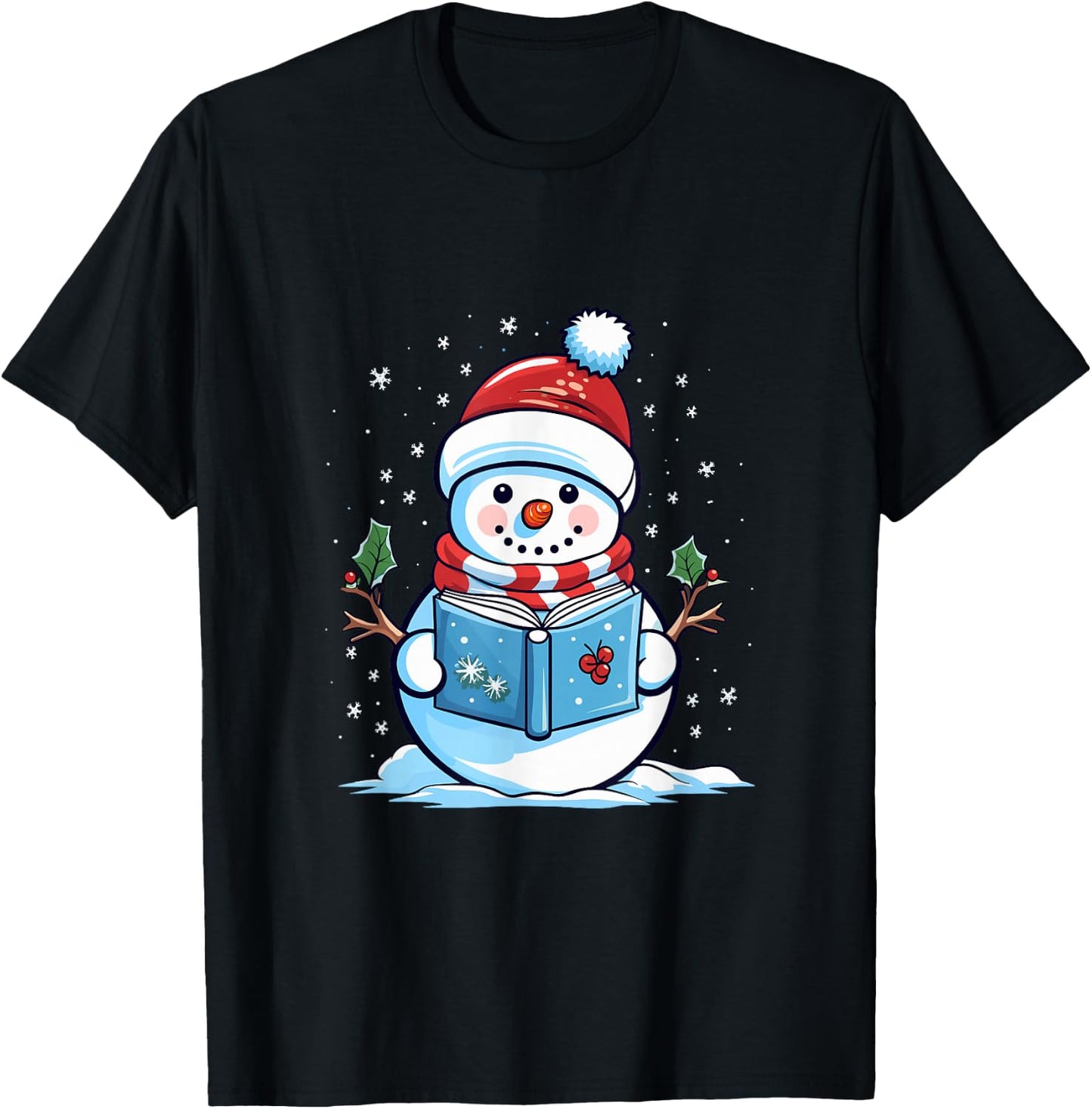 Snowman Reading Book Christmas T-Shirt - T-Shirt | Black