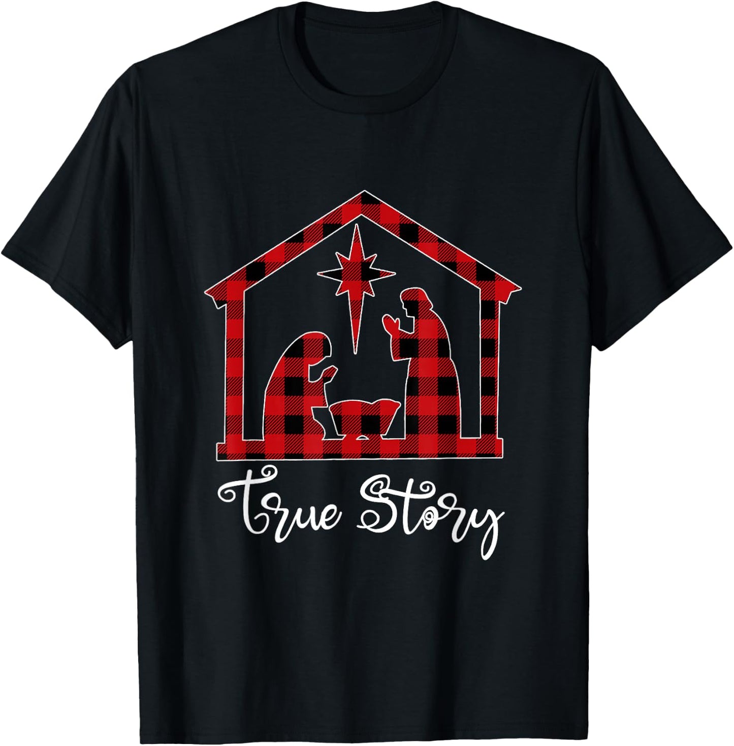 True Story Christmas Manger Nativity Scene Buffalo Plaid T-Shirt - T-Shirt | Black