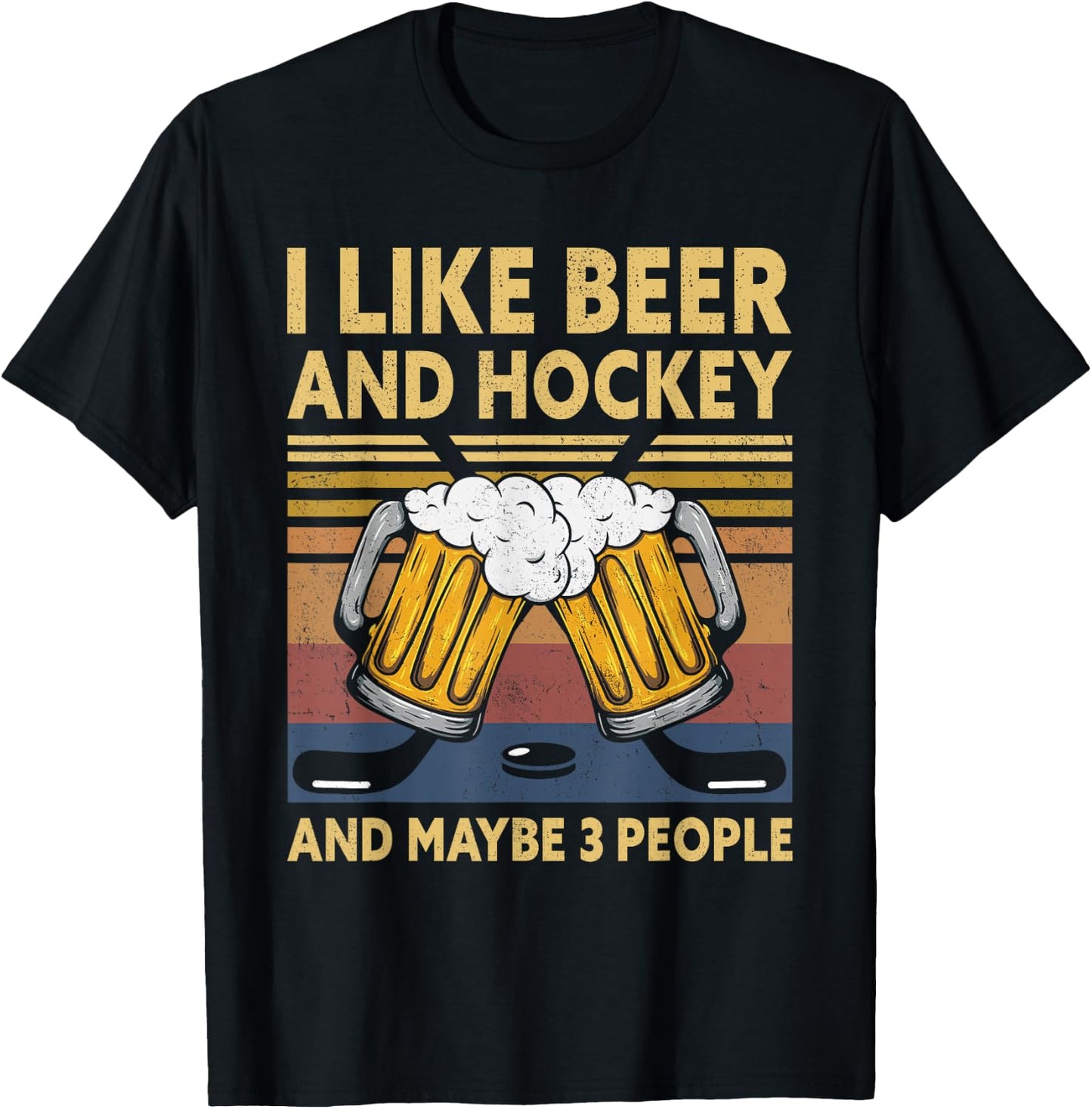 1970s Retro Vintage I Like Beer Hockey And Maybe 3 People T-Shirt - T-Shirt | Black