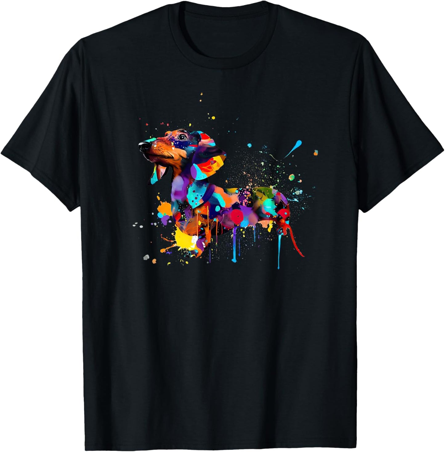 Dachshund Colorful Splashes Paint, Abstract Art Dog Men Women Girls Kids T-Shirt - T-Shirt | Black