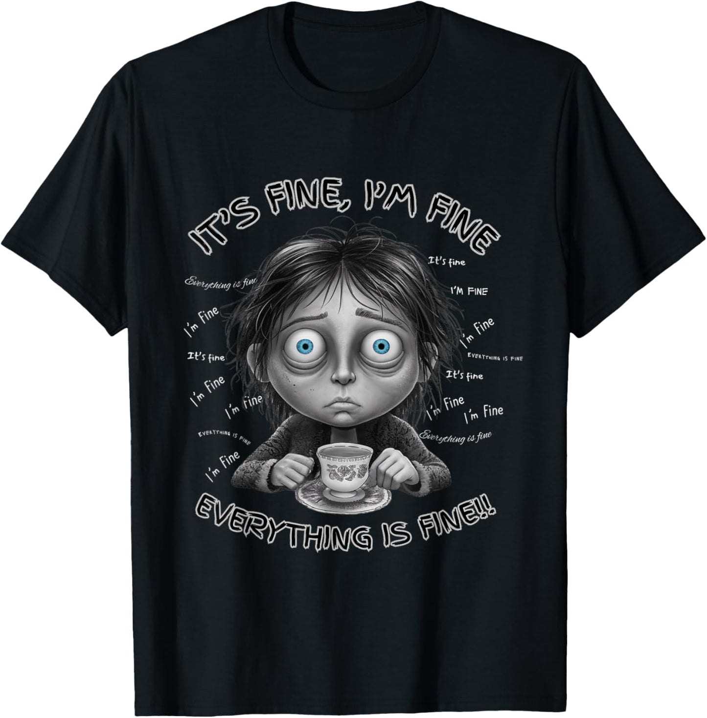 Exhausted Parent Funny Moody Coffee Chaos Cartoon Design T-Shirt - T-Shirt | Black