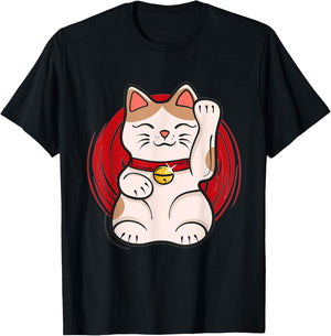 Maneki-Neko Lucky Cat Statue Waving Japanese Style Design T-Shirt - T-Shirt | Black