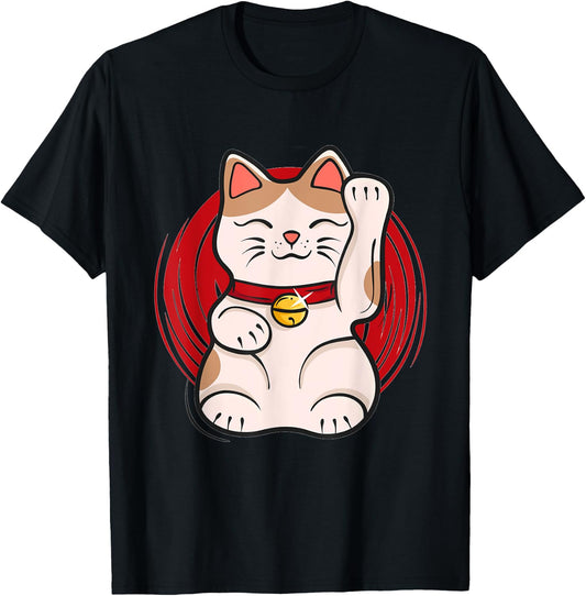 Maneki-Neko Lucky Cat Statue Waving Japanese Style Design T-Shirt - T-Shirt | Black