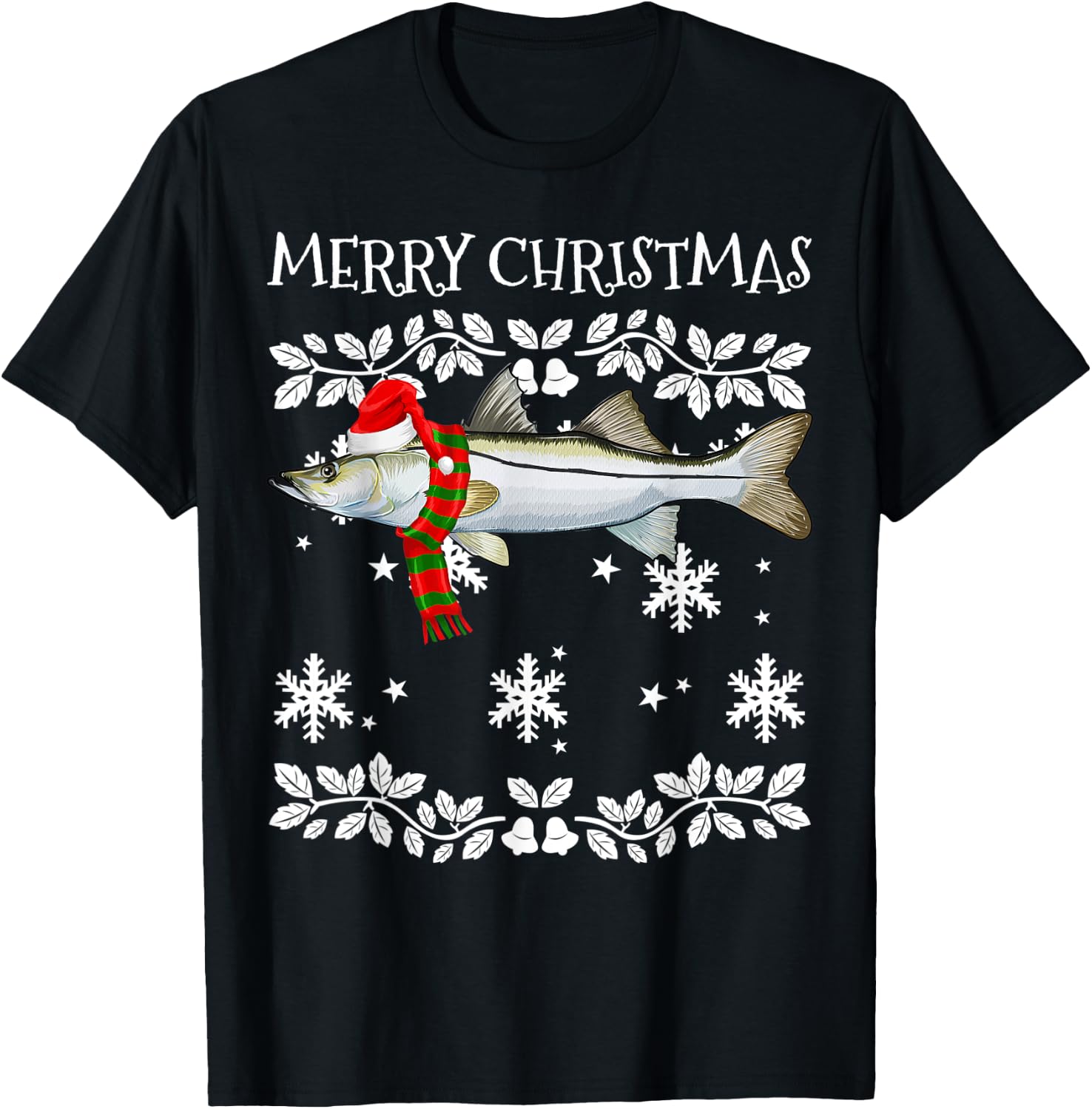 Fish Merry Christmas Ornament Snook Ugly Xmas T-Shirt - T-Shirt | Black